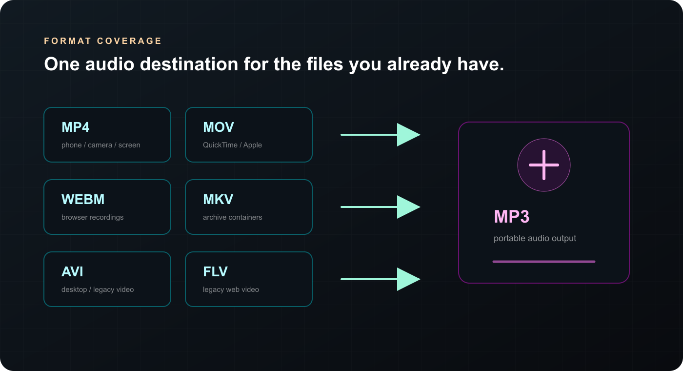 Supported video formats flowing into MP3 output